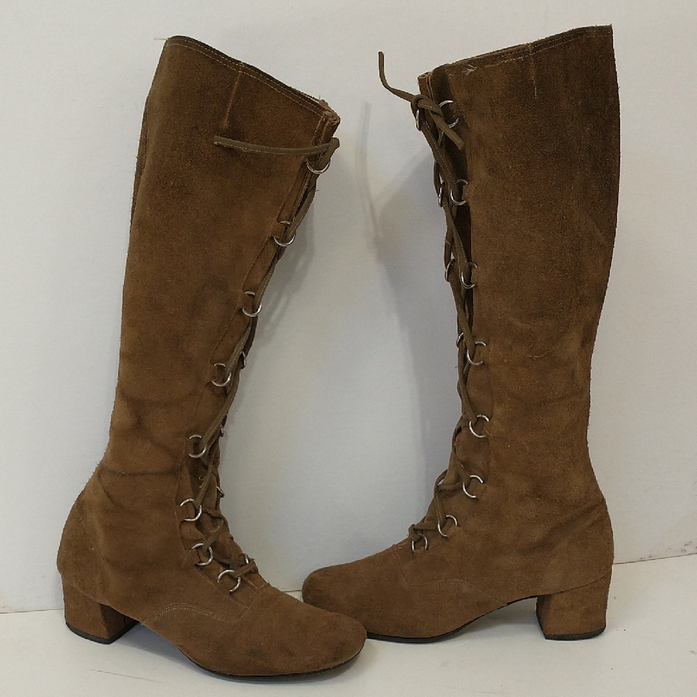 Suede Lace Up Gogo Boots Vintage 70s Nina Leather 2" Heel 16" Shaft Caramel Tan